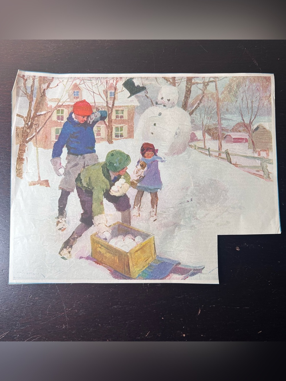 Vintage 1930s Winter Children Magazine Cutout Snowball Fight Puppy Illustration